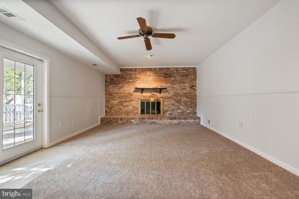 Empty room, Fireplace, Interior, Recessed Lighting, Stone Walls