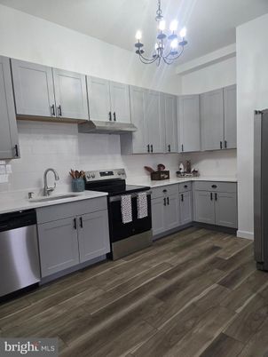 Chandelier, Interior, Kitchen, Stainless Steel Appliances, Wood Texture Flooring
