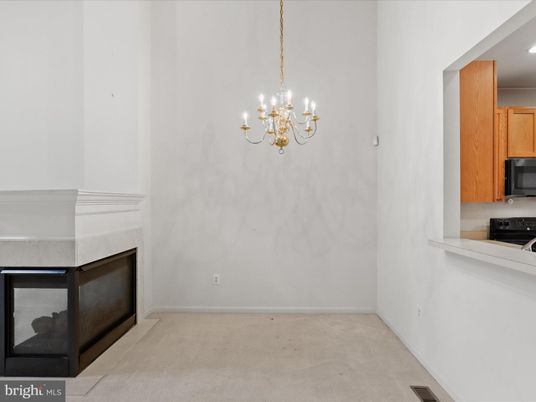 Chandelier, Empty room, Fireplace, Interior