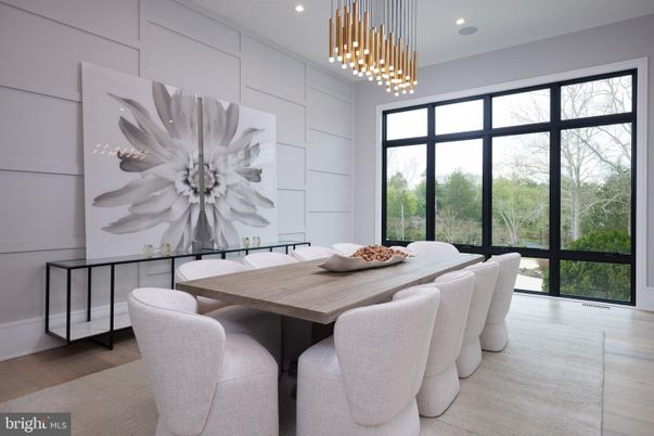 Dining room, Interior, Pendant Lights, Recessed Lighting, Wood Texture Flooring