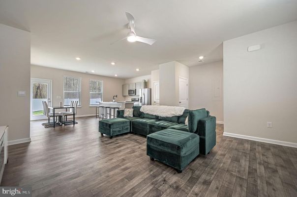 Dining room, Interior, Kitchen, Living room, Recessed Lighting, Stainless Steel Appliances, Wood Texture Flooring