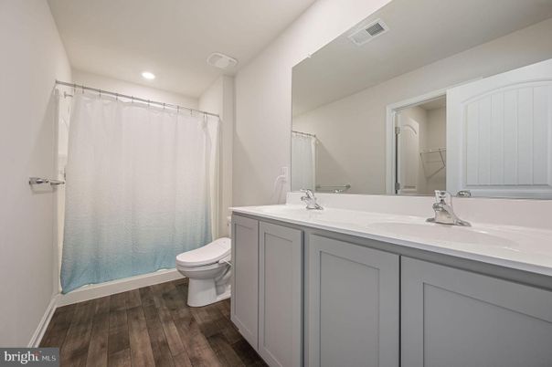 Bathroom, Dual Sink Vanities, Interior, Recessed Lighting, Wood Texture Flooring