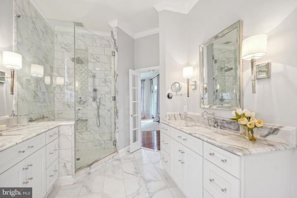 Bathroom, Dual Sink Vanities, Glass Shower, Interior, Marble, Marble Walls