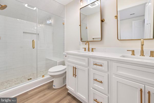 Bathroom, Dual Sink Vanities, Glass Shower, Interior, Wood Texture Flooring