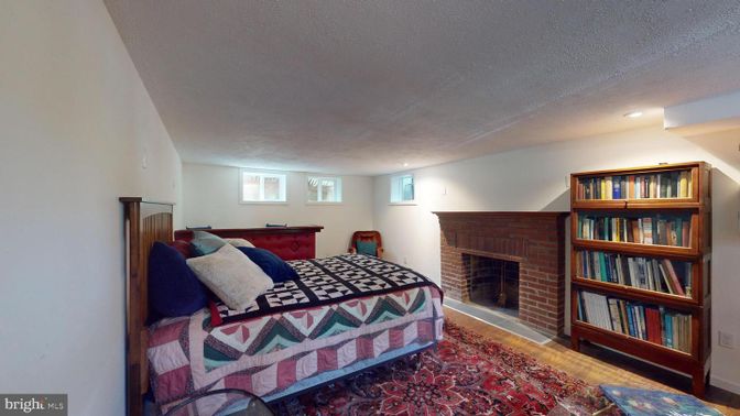 Bedroom, Fireplace, Interior, Recessed Lighting, Wood Texture Flooring