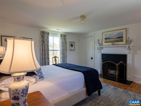 Bedroom, Fireplace, Interior, Wood Texture Flooring