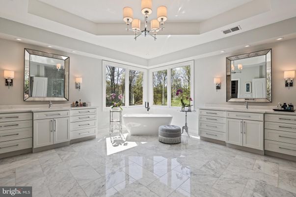 Bathroom, Chandelier, Dual Sink Vanities, Free Standing Baths, Interior, Marble, Recessed Lighting