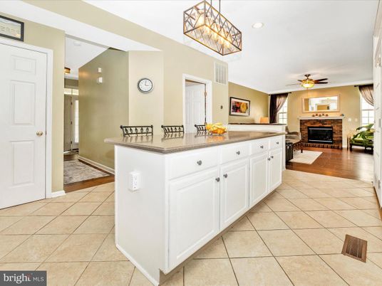 Fireplace, Interior, Kitchen, Recessed Lighting, Wood Texture Flooring