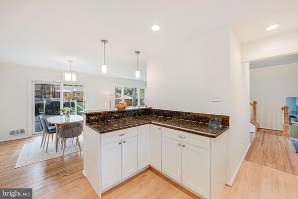 Dining room, Interior, Pendant Lights, Recessed Lighting, Wood Texture Flooring