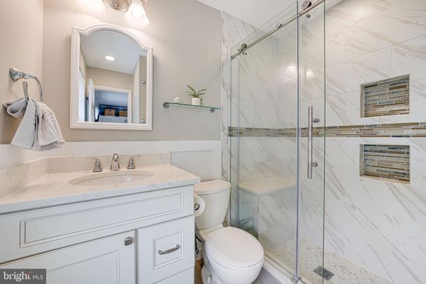 Bathroom, Glass Shower, Interior, Marble Walls, Recessed Lighting