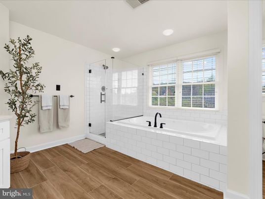 Bathroom, Glass Shower, Interior, Recessed Lighting, Wood Texture Flooring