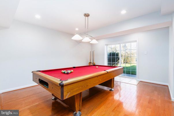 Billiard Table, Game Room, Interior, Pendant Lights, Recessed Lighting, Wood Texture Flooring