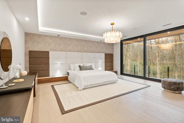 Bedroom, Chandelier, Interior, Recessed Lighting, Wood Texture Flooring