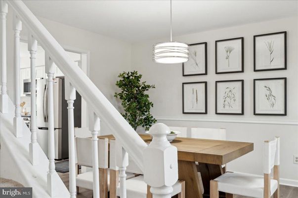 Dining room, Interior, Pendant Lights, Wood Texture Flooring