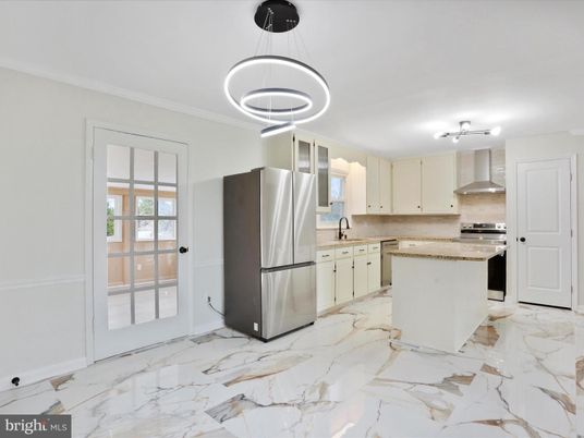 Interior, Kitchen, Marble, Pendant Lights, Stainless Steel Appliances