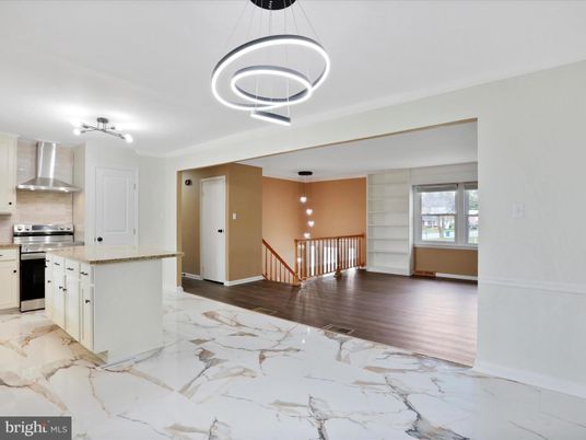 Interior, Kitchen, Marble, Pendant Lights, Stainless Steel Appliances, Wood Texture Flooring