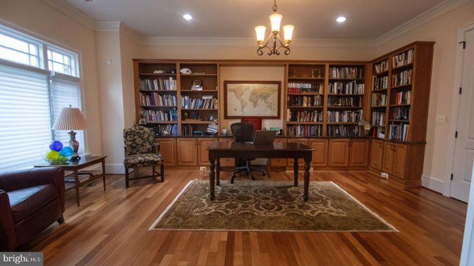 Chandelier, Home Office, Interior, Pendant Lights, Recessed Lighting, Wood Texture Flooring