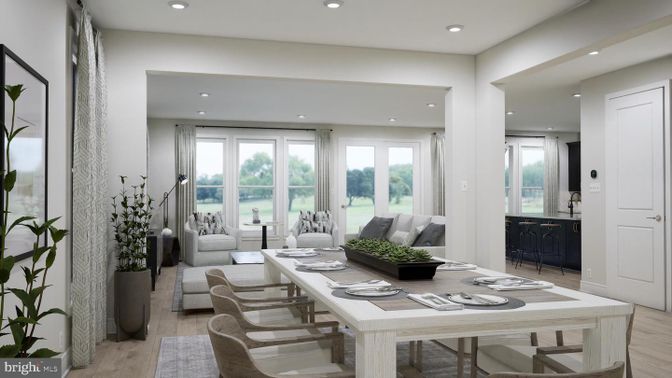Dining room, Interior, Living room, Recessed Lighting, Wood Texture Flooring