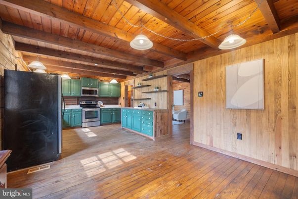 Interior, Kitchen, Pendant Lights, Stainless Steel Appliances, Wooden Beams, Wooden Ceilings, Wood Texture Flooring, Wooden Walls