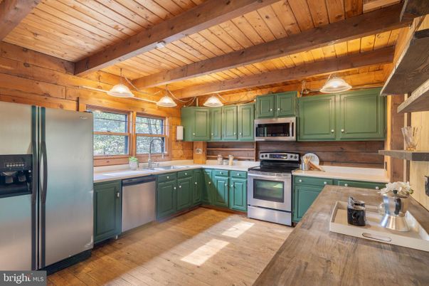 Interior, Kitchen, Pendant Lights, Stainless Steel Appliances, Wooden Beams, Wooden Ceilings, Wood Texture Flooring