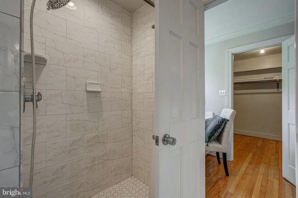 Bathroom, Interior, Marble Walls, Recessed Lighting, Wood Texture Flooring