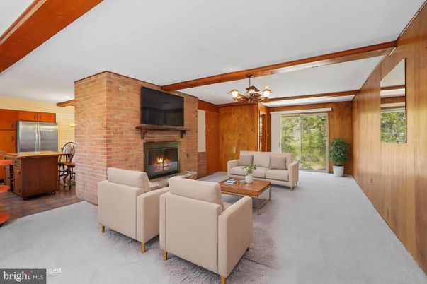 Chandelier, Fireplace, Interior, Kitchen, Living room, Stone Walls, Wooden Beams, Wooden Walls