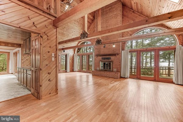 Empty room, Fireplace, Interior, Stone Walls, Wooden Beams, Wooden Ceilings, Wood Texture Flooring, Wooden Walls