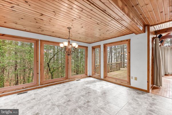 Chandelier, Empty room, Interior, Sun Room, Wooden Ceilings