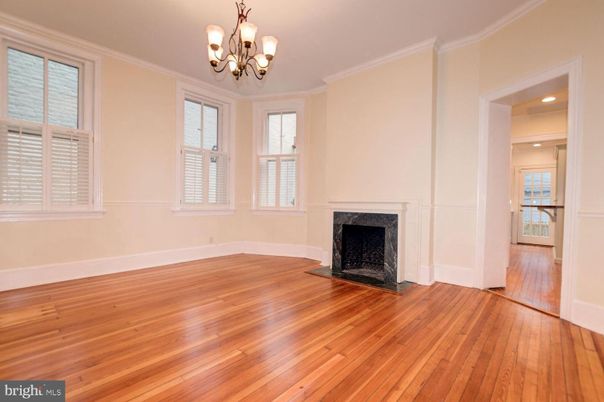 Chandelier, Empty room, Fireplace, Interior, Recessed Lighting, Wood Texture Flooring