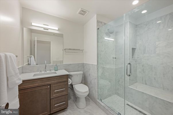 Bathroom, Glass Shower, Interior, Marble, Marble Walls, Recessed Lighting