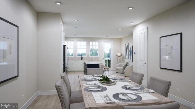 Dining room, Interior, Living room, Recessed Lighting, Wood Texture Flooring