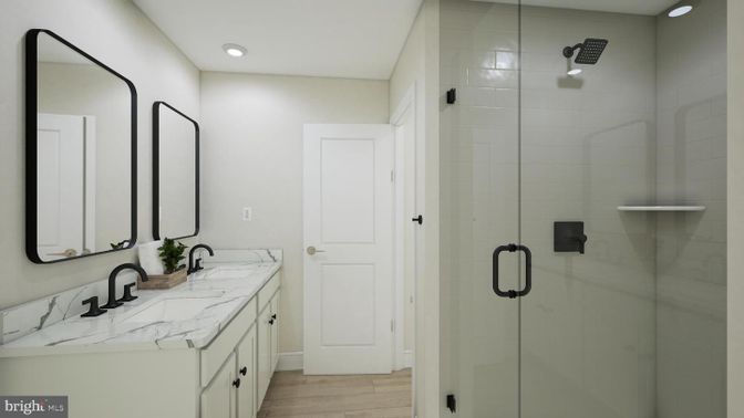 Bathroom, Glass Shower, Interior, Recessed Lighting, Wood Texture Flooring