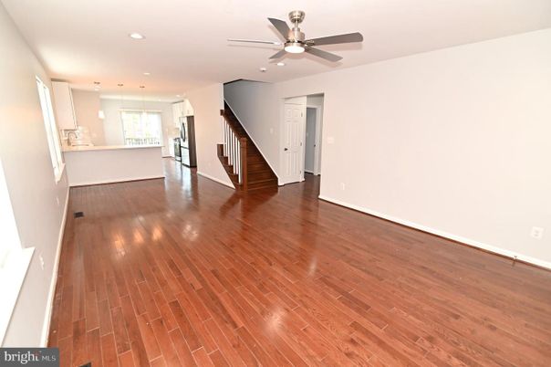 Empty room, Interior, Kitchen, Pendant Lights, Recessed Lighting, Wood Texture Flooring