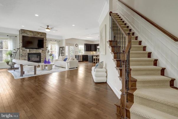 Fireplace, Interior, Kitchen, Living room, Recessed Lighting, Wood Texture Flooring