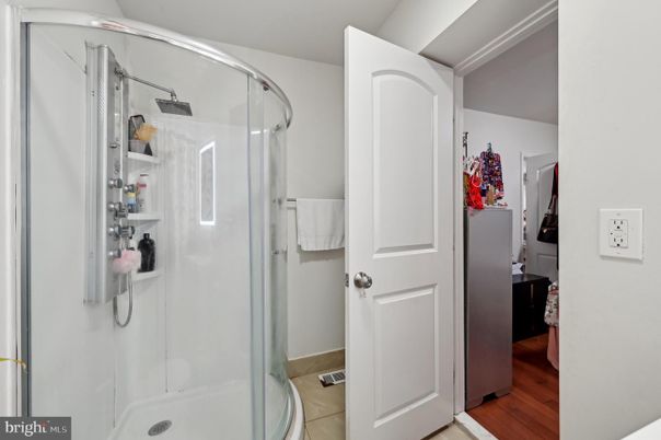 Bathroom, Glass Shower, Interior, Wood Texture Flooring