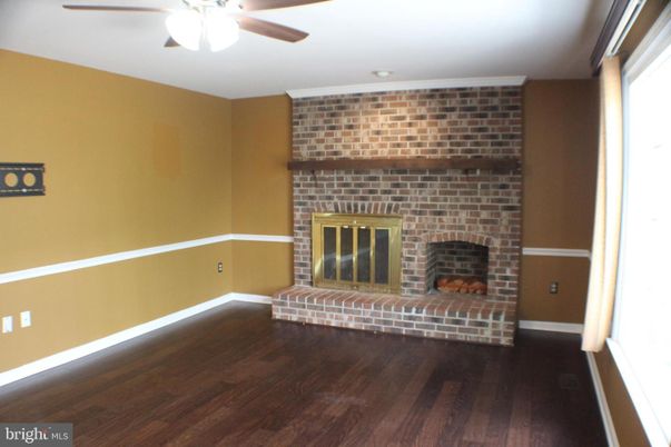 Empty room, Fireplace, Interior, Stone Walls, Wood Texture Flooring