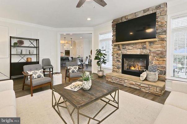 Fireplace, Interior, Kitchen, Living room, Pendant Lights, Recessed Lighting, Stone Walls, Wood Texture Flooring