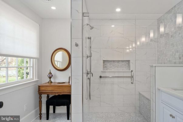 Bathroom, Glass Shower, Interior, Marble Walls, Recessed Lighting