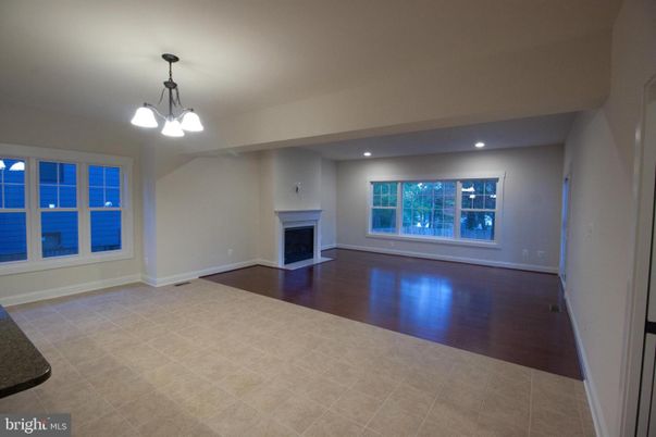 Empty room, Fireplace, Interior, Pendant Lights, Recessed Lighting, Water, Wood Texture Flooring