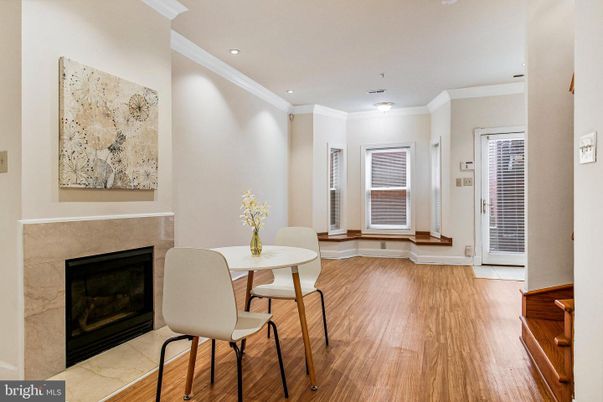 Dining room, Fireplace, Interior, Recessed Lighting, Wood Texture Flooring