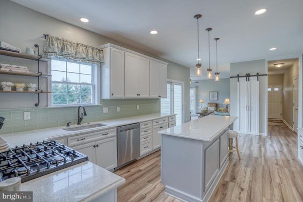 Interior, Kitchen, Pendant Lights, Recessed Lighting, Stainless Steel Appliances, Wood Texture Flooring