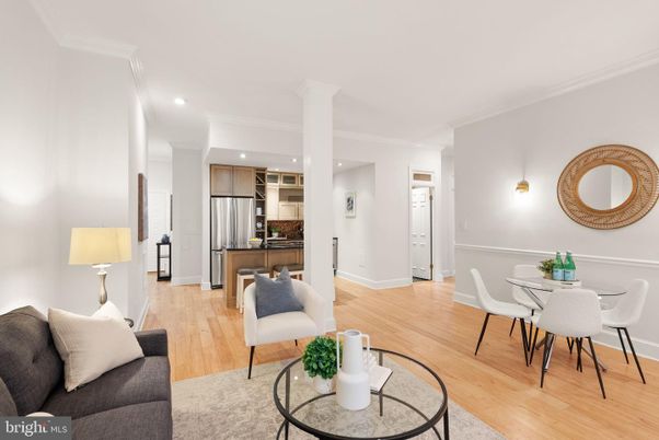 Dining room, Interior, Kitchen, Living room, Recessed Lighting, Stainless Steel Appliances, Wood Texture Flooring