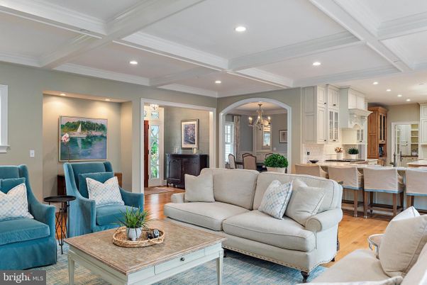 Chandelier, Dining room, Interior, Kitchen, Living room, Recessed Lighting, Wood Texture Flooring