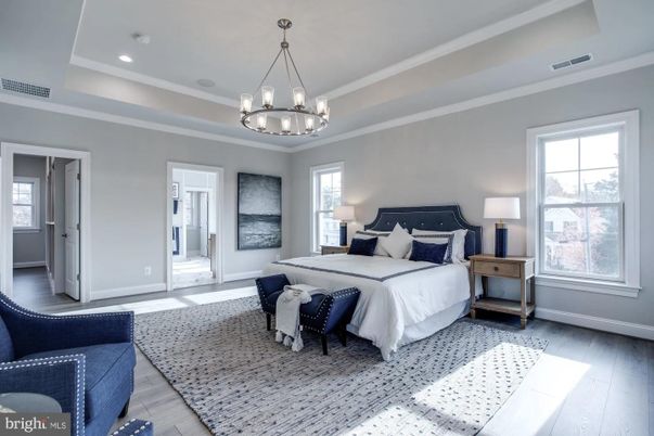Bedroom, Chandelier, Interior, Pendant Lights, Recessed Lighting, Wood Texture Flooring