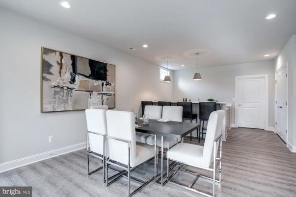 Dining room, Interior, Pendant Lights, Recessed Lighting, Wood Texture Flooring