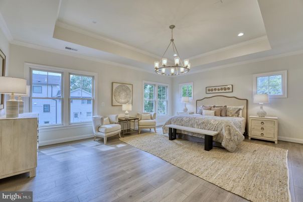 Bedroom, Chandelier, Interior, Recessed Lighting, Wood Texture Flooring