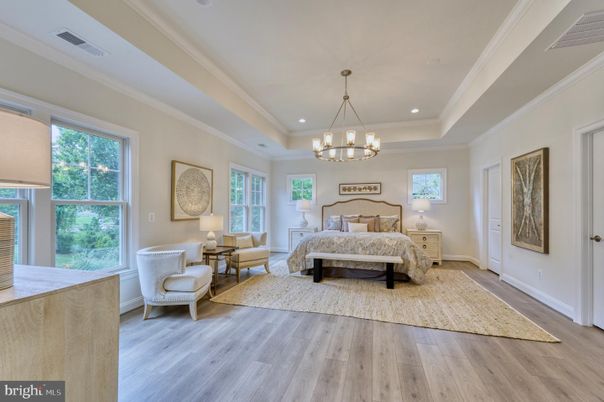 Bedroom, Chandelier, Interior, Recessed Lighting, Wood Texture Flooring