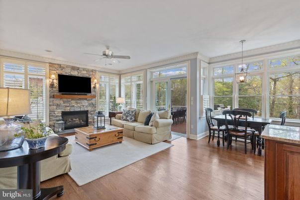 Dining room, Fireplace, Interior, Living room, Pendant Lights, Stone Walls, Wood Texture Flooring