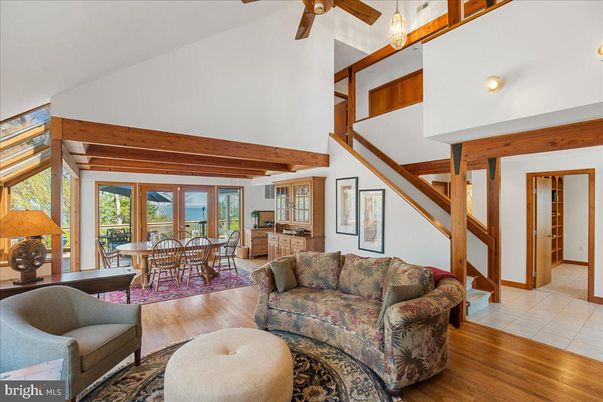 Dining room, Interior, Living room, Pendant Lights, Wooden Beams, Wood Texture Flooring