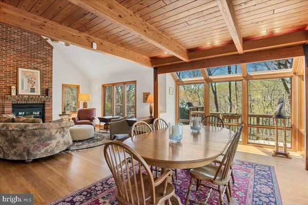 Dining room, Fireplace, Interior, Living room, Stone Walls, Wooden Beams, Wooden Ceilings, Wood Texture Flooring